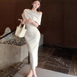 Temperament Sexy Oblique Shoulder Short-Sleeved Dress Women Summer Slime Shoulder Dress Body Body Pocketed Ass Skirt