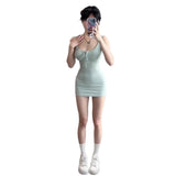 Hottie High-Waisted Rope Bow Bow U Collar Vest Pure Want To Pack Hip Short Skirt Skinny Pear-Shaped Figure Wearing A Dress