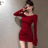 Pure Babes Black Oblique Shoulder Dress Women 2025 Autumn Design Horn Sleeves A Word Shoulder Tight Hip Skirt