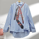 Design-Sensitive Niche Tie-Print Striped Shirt Women's New Languid Windy Loose Shirt Tide In Autumn 2025