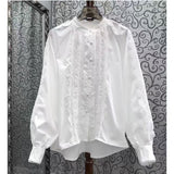 European Goods Spring New High-End Lightweight Design Lace Wood Ear Splicing Single Buckle Temperament Shirt