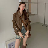 2026 Spring And Autumn Vintage Curry Leather Jacket Jacket Old Money Coat Woman Merard Wear