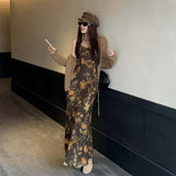 Loose-Carded Long-Sleeved Coat Women's Autumn With Sling Dress Retro Floral Dress Two