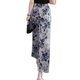 Ice Silk Print Creased Broad Leg Pants Women Summer Thin New Loose Waist Loose Nine-Point Leisure Straight Long Trousers