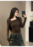 Sexy Hottie Velvet Wrinkled Body Shoulder Bottom Top Girl Spring And Autumn Pure Desire To Play Bottom Long-Sleeved T-Shirt