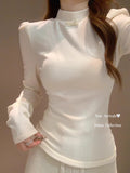 Dey-Ling Shirt Women's Clothing Autumn And Winter 2026 New Long-Sleeved White T-Shirt Women's Half-High Collar Top
