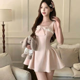 Sweet Wind Bow Spliced Lace Sling Dress Light Luxury High-End Women Summer Small Waist Ponve