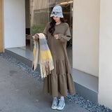 2026 Spring Literature And Art Loose Large-Size Women's Round-Neck Long-Sleeved Lotus Leaf Dress Over Knee Fishtail Dress