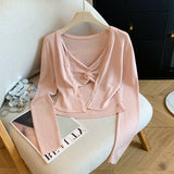 Spring And Autumn 2026 New Korean Version Of The 13-Line Repair Two Sets Of Flowers Knitted Slings Plus Simple Knitted Open Shirt
