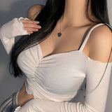 Pure Lustful Collarbone Collared T-Shirt Woman Sling Summer Umbilled Hottie Black Thin Short Bottom Top