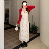 Large-Size Fat Mm French Sweet Hottie Sweet Bumpy Dress Girl Summer Red Cardigan + Broken Floral Skirt Two-Set