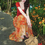 Vintage Bright Atmosphere Red T-Shirt Top + Oil Painting Large Flower Skirt Dress 2026 Summer