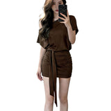 Black Sexy Wind Slanted Shoulder Bat Sleeve Wrinkles Dress Senior Sensing Woman Folded Ass Short Skirt