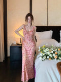 Tea Break French Gentle Temperament V Collared Flowers Hanging Dress Seaside Holiday Wind Bag Long Skirt