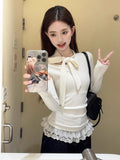 Sweet Wind Beautiful T-Shirt Girl Spring And Autumn Niche Design Bow Tie Hollow Body Bottom Shirt Tide