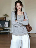 Snowflake Cotton Korean White Striped Fake Two Casual Long-Sleeved T-Shirts Folded V-Necked Women