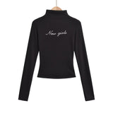 Hottie Autumn Hot Diamond Half High-Neck Long Sleeve Tight Short T-Shirt Solid Simple Top