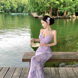 Sexy Pure Ambience Feeling Back Purple Dress Women Summer Slimming Tossed Fishtails Holiday Dress