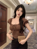 French Sexy Hottie Bubble Sleeve Short-Sleeved T-Shirt Girl Summer Pure Lust Collarbone Repair Short Top Female T-Tide