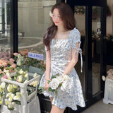 Gentle Wind Blue Mashed Flower Bubble Sleeve Dress Short Sleeve 2025 Summer New French Style Collar Thin Short Skirt Tide