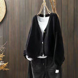 Autumn Literary And Art Collar Loose Solid Cotton Knitted Cardigan Women's Leisure Single-Dcupuncture Short Sweater Jacket