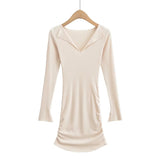 Big V Collar Collar Collar Collar Collar Side Folding Dress Autumn Hottie Pure Lust Dress Open Horn Sleeve