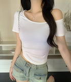 Ins Pure Hot Girl Shoulder Collar Temperament Body Short Sleeve T-Shirt Female Tightness Bottom Hottie Top Female Tide