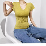 Pure-Want Summer Thin Fashion Simple V Collar Side Short Sleeve Half Sleeve Thin Tight Sexy Shirt T-Shirt