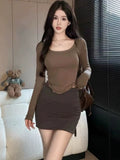 Human Cotton Autumn Sexy Pure Lust U Collar Long-Sleeved T-Shirt Irregular Short Top Girl Slime Bottom Shirt