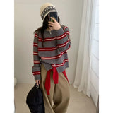 KANING Korean Striped Double Zipper Knitted Cardigan 2026 Autumn New Women's Short Round-Neck Sweater Jacket