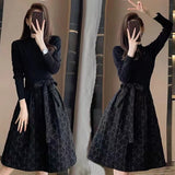 Hepburn Black Long-Sleeved Dress Woman 2025 Autumn Long Fashion Collection Waist Thin A Word Fluffy Skirt
