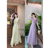 French Gentle Lotus Side V-Neck Bubble Sleeve Dress Summer Holiday Purple Lace Lumbar Texture Dress
