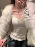 Pure-Want Sexy Lace Lace V Collar Bottom Shirt Women Autumn And Winter Thread De-Velvet Slim Slime Inside The Clothes