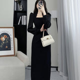 2025 Autumn Long Sleeve French Waist Design Sense Of Medium Long Temperament New Square Neck Thin Dress Casual
