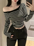 260G Cotton Autumn With Long Sleeves Hottie Hit Stripe One-Word Female Short-Cut Bottom Shirt