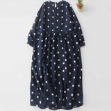 2026 Spring And Autumn New Literary Retro Blue Dot Dress Rounded Long Sleeve French Elegant Cotton Dress