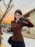 Korean Red Lattice Spliced Long-Sleeved T-Shirts For Girls In Spring And Autumn And Winter Repair Clothes And Fake Two Morning And Autumn Tops