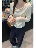 Autumn Gentle Wind With Solid Color Long-Sleeved T-Shirt Slanted Shoulders Hottie Pure Chic Repair Body Dress Woman
