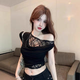Spice Girls Splicing Lace Collar Irregular Black Short-Sleeved T-Shirt Girl Summer Niche Blouse