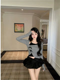 2026 Gray Design-Sensitive Bow T-Shirt Long-Sleeved Women Irregularly Open Shoulder Short Tops In The Spring And Autumn