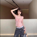 Summer New Pink Bow Lace Sling Female Korean Version Of Pure Hot Girl Short Inside And Outside To Wear Clothes
