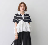 Multiplication Large Quantities Of Summer New Striped Splicing Stand-Up Women's Cotton Short-Sleeved Shirt Clip Cotton Top