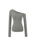 Solid Color Oblique Shoulder Shoulder-To-Shoulder Knitted Long-Sleeved Hottie Design Feel Bottom Blouse T-Shirt