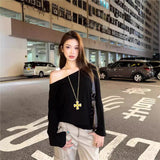 Zhang Jingyi Star With The Same Oblique Shoulder Short-Sleeved Female Open-Shoulder T-Shirt Summer Pure Hot Girl Loose Black Shoulder