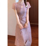 New Chinese Style Young Girl Cheongsam 2025 New High-End Exquisite Flower Hollow Purple Dress