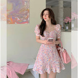 Sweet And Spicy Breeze Floral Dress French Orange Sterling Skirt New Bubble Sleeves Closed Waist A Short Skirt Summer