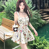 French Hottie Style Cross-Tieed With Broken Flower Sling Dress Girl Summer Sweet Low-Collar PonÅîy A-Skirt Skirt