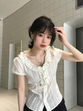 French Retro Lotus Side Sweet Sister Shirt Women Summer Lace Slimming Short-Sleeved Shirt White Top