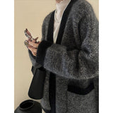 KANING Old Money Windy Dark Gray V-Neck Knitted Cardigan 2026 Autumn And Winter Lazy High Sense Loose Sweater Jacket