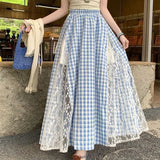 Korean Sweet Lace Spliced Red Lattice Half-Body Skirt Spring And Summer New College Style A Long Skirt